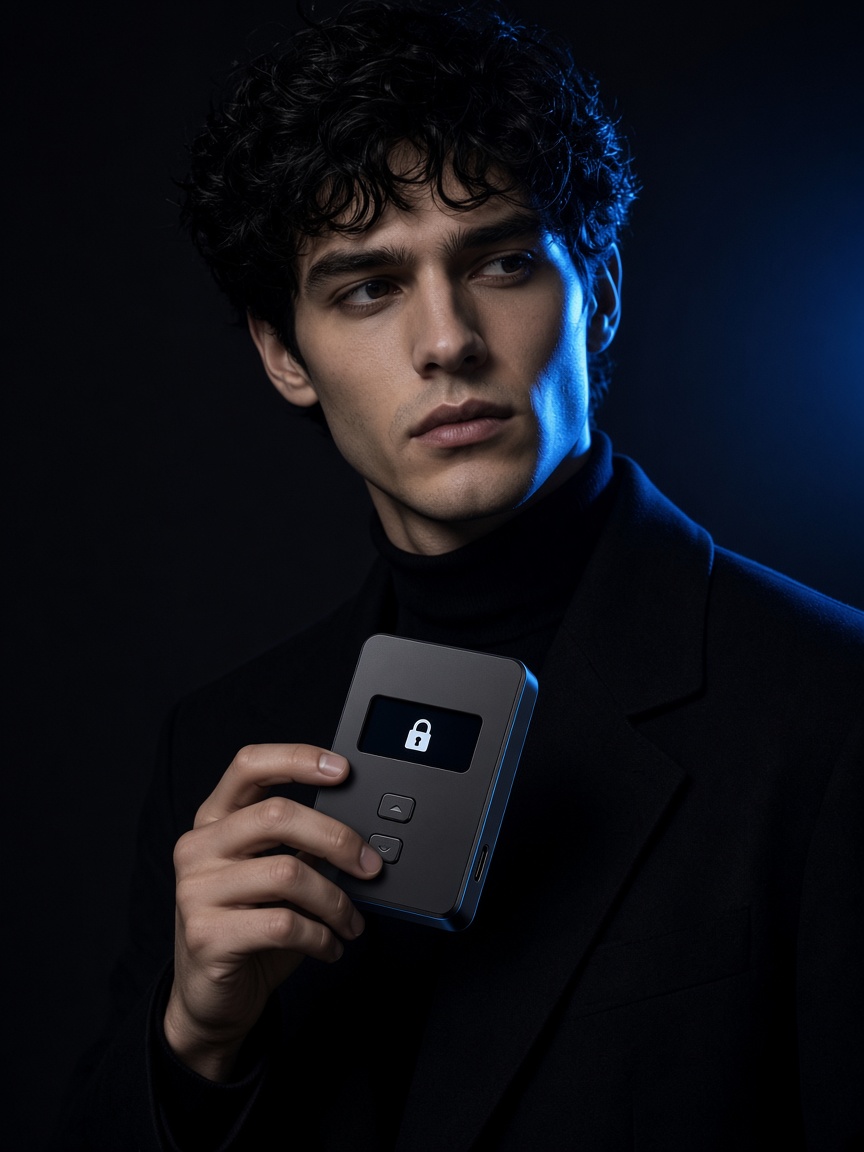 Person in blue light wearing a Retiggor device