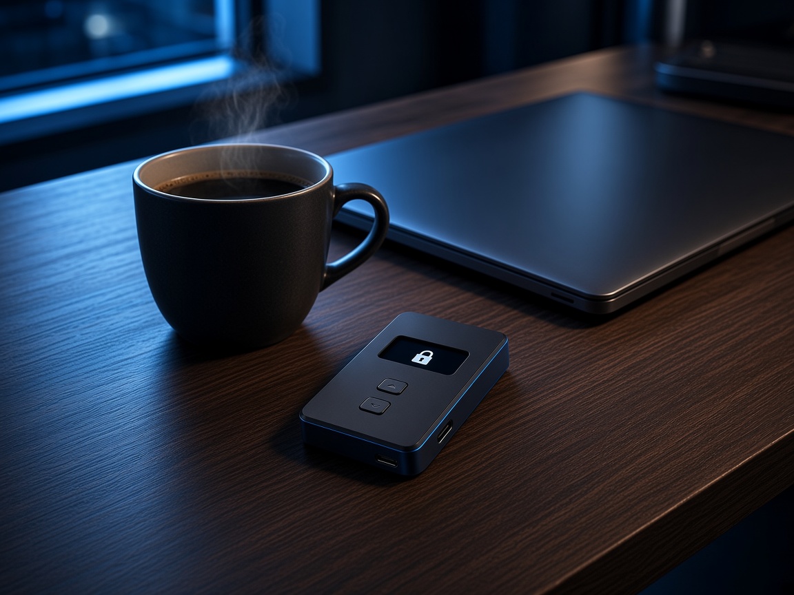 Retiggor hardware wallet on a desk at night